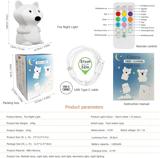 Large Fox Night Lights for Kids, Silicone Night-Light, Bedside lamp, 9 Colors Baby Sleep Light Children's Bed Bedroom Lamp for Toddlers/Boys/Girls/Adults/Bedroom/Outdoor/Camping/Gift - Large