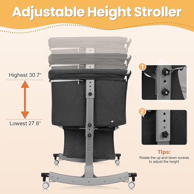 3-in-1 Baby Bassinet Bedside with Storage Basket, Portable Baby Cradle Bassinet with Wheels, Mosquito Net, 6 Levels Height Adjustable (Black)