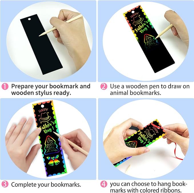 100 Sets Scratch Art Bookmarks Making Kit, DIY Crafts Animal Bookmarks for Kids with 100 Ribbons and 100 Wood Stylus for Boys Girls Classroom Activities Birthday Party Favors, 13 Styles(B)