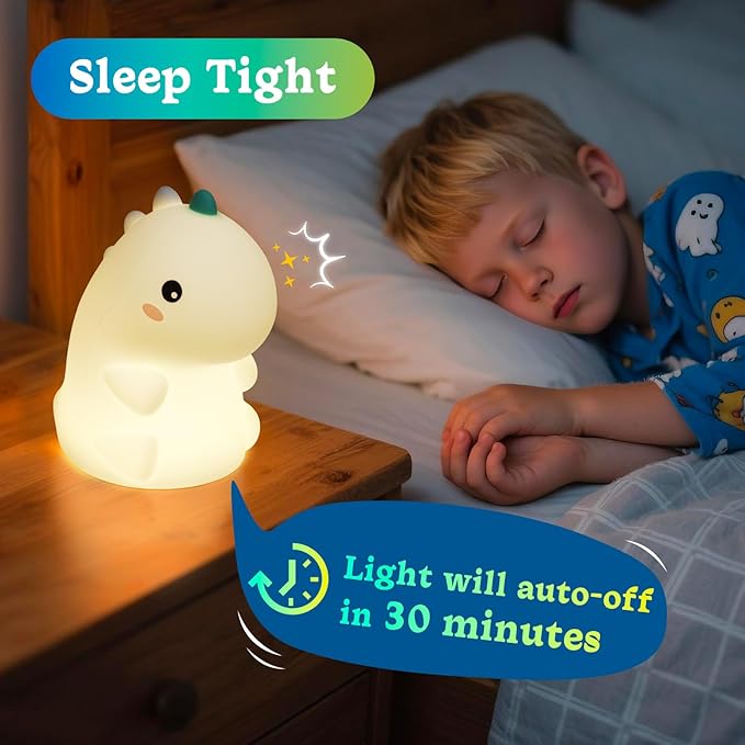 Dinosaur Night Light for Kids, Silicone Nursery LED Night Lamp with 30-Min Timer & 3 Levels Dimmable & Touch Sensor, Rechargeable Bedroom Nightlight for Mom's Night Helper