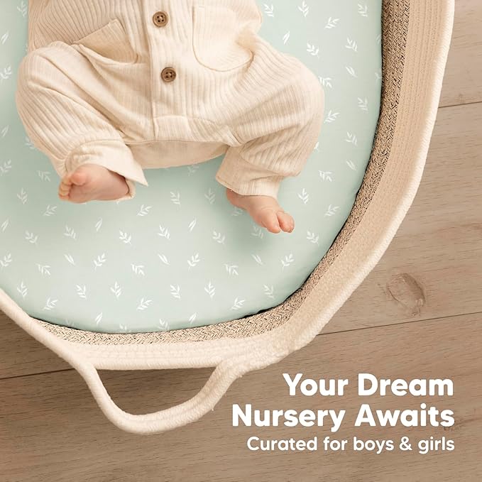 2-Pack Baby Bassinet Sheets Girl, Boy - 33x17 Viscose Derived from Bamboo Bedside Mattress Fitted Bassinet Sheets, Compatible with Halo Bassinest Swivel Sleeper, Baby Delight, Graco (Herb)