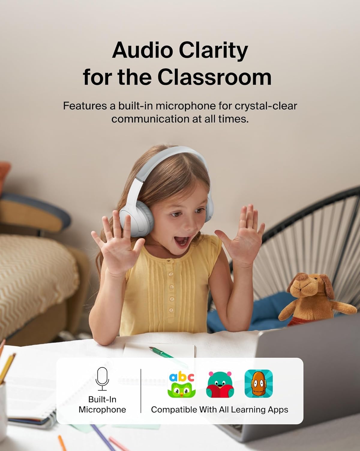 Belkin SoundForm Mini Kids Wireless Headphones w/Built-in Microphone, 30H of Playback Time, Fun Stickers, & Case - Over-Ear Headsets for Online Learning, School, iPhone, iPad, Galaxy, & More - White
