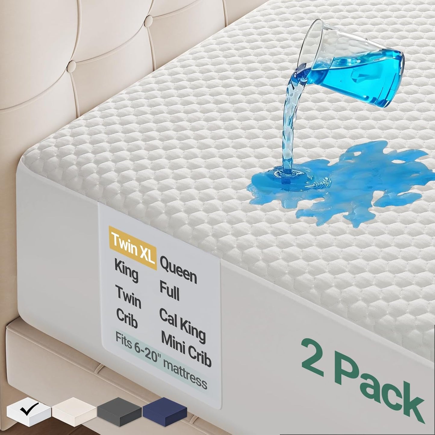 Ohgeni 100% Waterproof Mattress Protector, Twin XL-2 Pack, Fitted Sheet with Stretchable Pockets, Deep Sleep Noiseless Soft. Breathable Cooling Hypoallergenic Material, Mattresses Cover for Bed