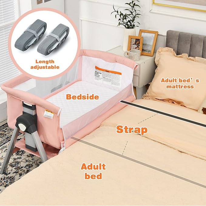 INFANS Baby Bassinet Bedside Crib, Newborn Sleeper w/Large Storage Basket, Adjustable Heights, Detachable &Washable Mattress, Breathable Mesh, Straps, Easy Moving Bed Side (Pink)