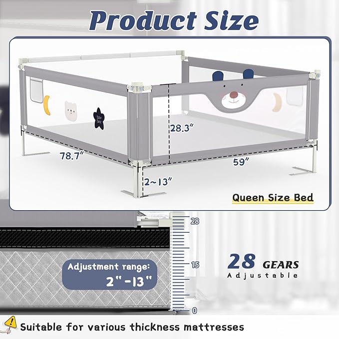 3-Piece Bed Rail for Toddlers with Headboard Rod, Adjustable Baby Bed Rail Guard (78.7 * 78.7 * 59 Inch-Queen Size)