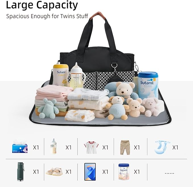 Diaper Bag Tote, Large Capacity Travel Diaper Baby Bags Crossbody Hospital Mom Bag，with Silicone Pacifier Case
