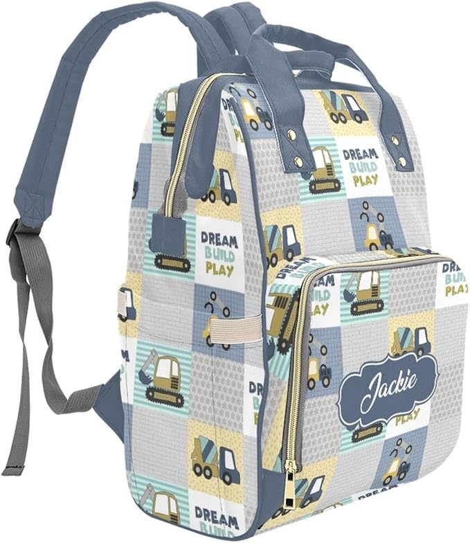 Custom Construction Baby Diaper Bag with Name – Personalized Nursing Travel Tote Backpack for Mom or Dad, Custom Name Baby Daypack Gift