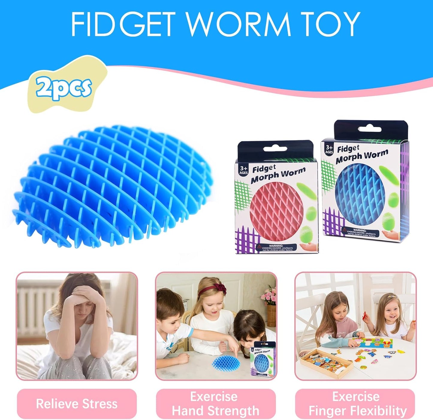 Fidget Worm Toy 2 Pack, Sensory Slug Fidget Toy, Funny Pocket Fidget Toy, Resistance Fidget Toy Anxiety & Stress Relief Toys, EDC Executive Desk Toys (Pink+Blue)