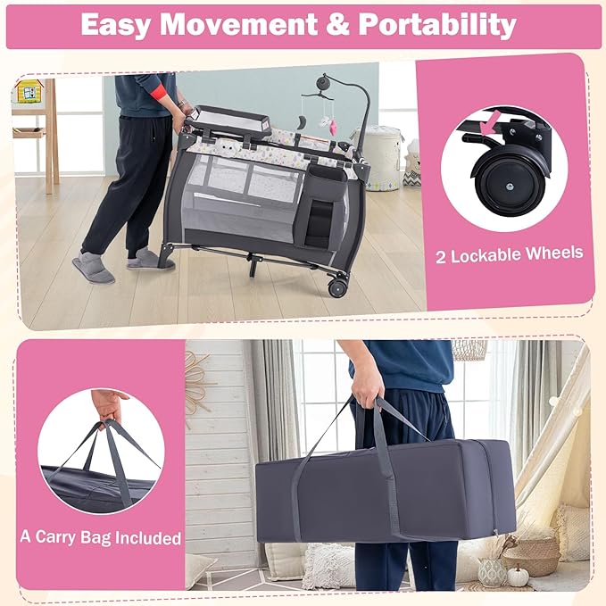 HONEY JOY Pack and Play, 3 in 1 Portable Baby Playard with Bassinet, Changing Table, Lockable Wheels, Music Box, Foldable Travel Baby Crib Nursery Center from Newborn to Toddler (Water Drop Gray)