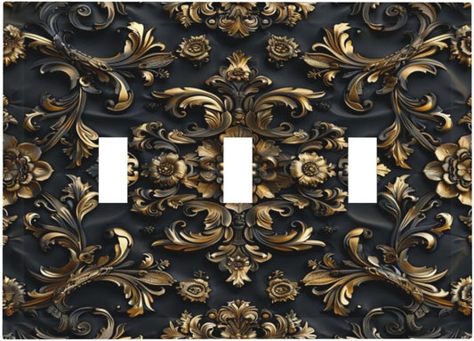 Decorative Switch Covers Plate Rococo Vintage Black Golden Leaf Morris Vine 3 Gang Artistic Wall Plate Unique Triple Toggle Light Switch Plate Jumbo Faceplate for Bedroom Home Decor
