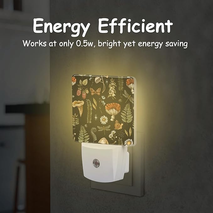 Night Light,Vintage Woodland Mushroom Plug-in Night Light Auto Dusk-to-Dawn Sensor Fern Moth Dragonfly Energy Efficient LED Lamp for Room Decor,Hallway,Kitchen,Bathroom,Nursery,Stairs