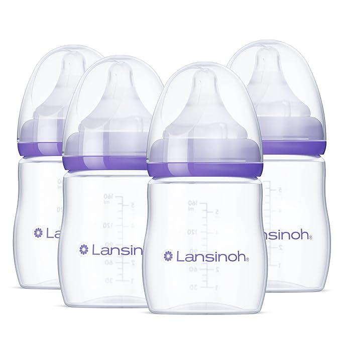 Lansinoh Anti-Colic Baby Bottles for Breastfeeding Babies, 5 Ounces, 4 Count, Includes 4 Extra Slow Flow Nipples, Size XS