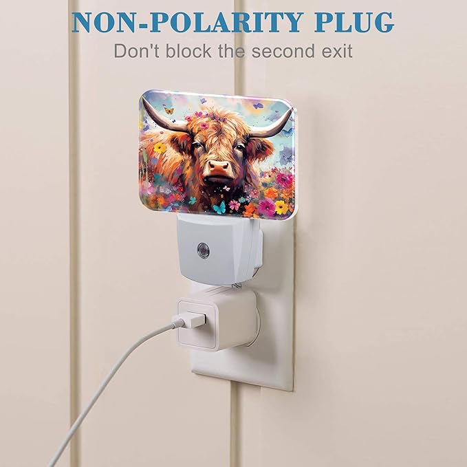 Watercolor Highland Cow Night Light, Flowers and Butterflies Nightlight Plug into Wall with Dusk to Dawn Sensor for Kid Girls Boys Women Men Bedroom, Hallway, Kitchen, Bathroom, Stairs Decor