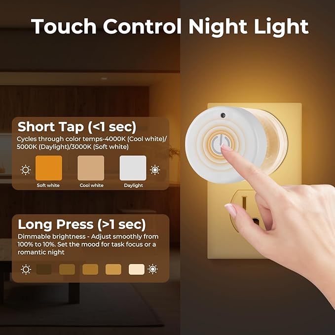 LED Night Lights,Dimmable Night Lights Plug into Wall with Dusk to Dawn Sensor,Touch Control 3-Color Temperature (3000K/4000K/5000K),Adjustable Brightness 100%-10%, for Bathroom,Nursery,Hallway,2 Pack