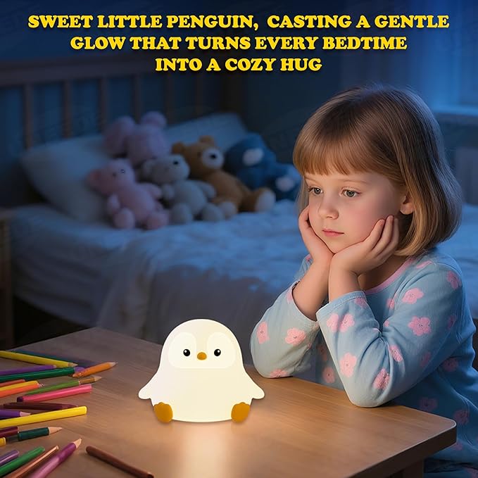 UNEEDE Sitting Penguin Night Light with Removable Floppy Bunny Ears - Silicone Touch Lamp, USB Rechargeable, Dimmable Nursery Light for Kids & Holiday Decor