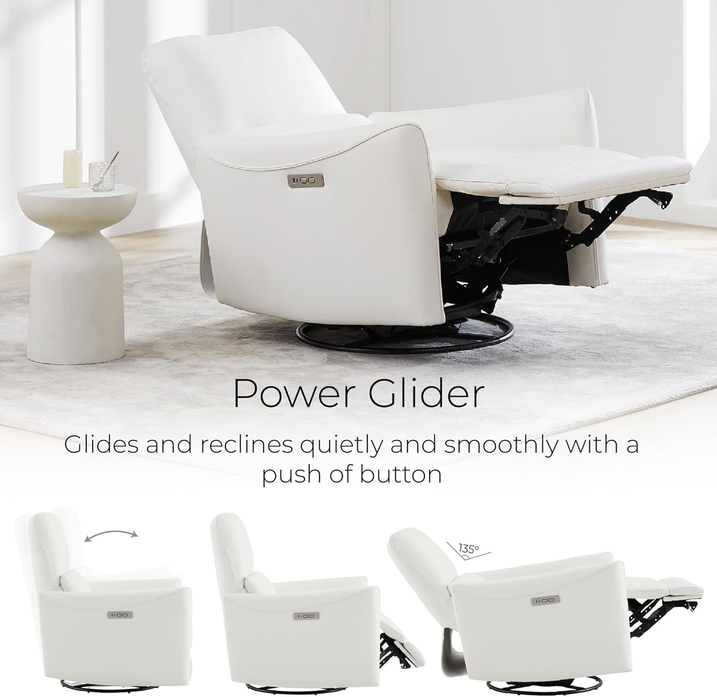 CHITA Power Recliner Chair Swivel Glider, FSC Certified Upholstered Faux Leather Living Room Nursery Reclining Sofa Chair with Lumbar Support, White