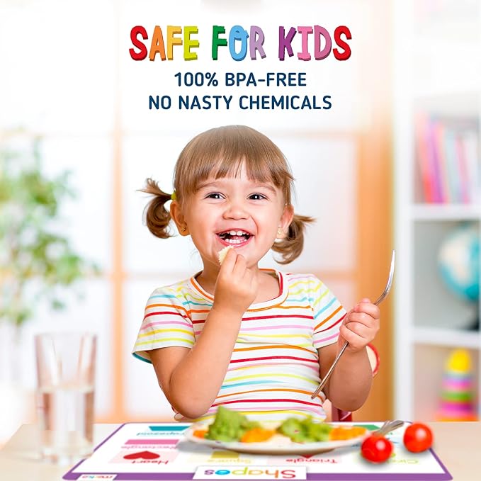 merka Silicone Learning Placemats for Toddlers - 4-Pack, 17 x 11 in, Multicolor - Reusable & Washable Mealtime Mats with Spill-Resistant Backing, Letters, Numbers, Shapes & Colors