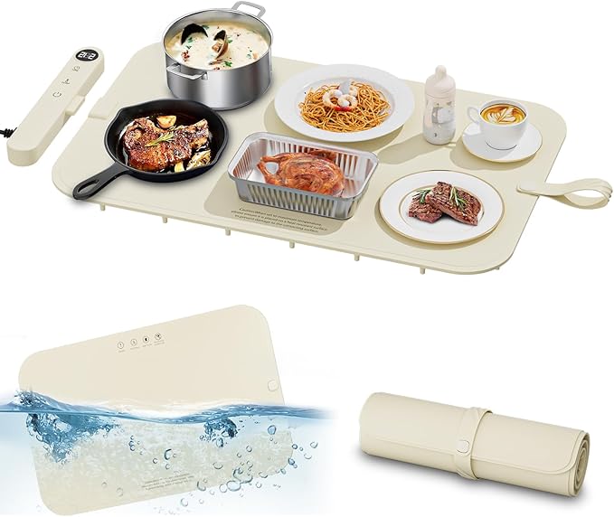 Upgrade Graphene Food Warming Mat for Countertop, Gifts for Mom Wife, Waterproof Electric Warming Tray with 6 Temp Modes for Parties Buffets (Beige)