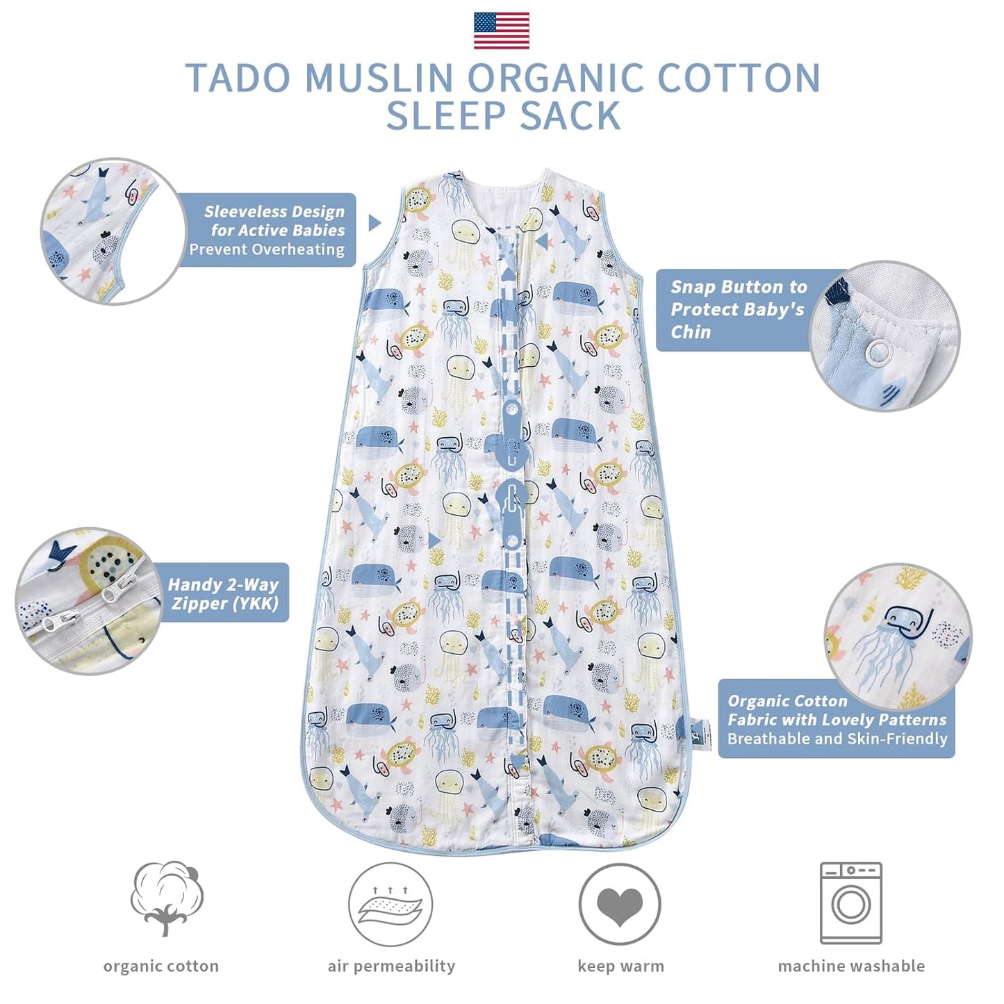 Baby Sleep Sack 1-2 T Baby Wearable Blanket 100% Organic Cotton 0.5 TOG Muslin Toddler Sleeping Sacks 2- Way Zipper Warm 12-24 Months