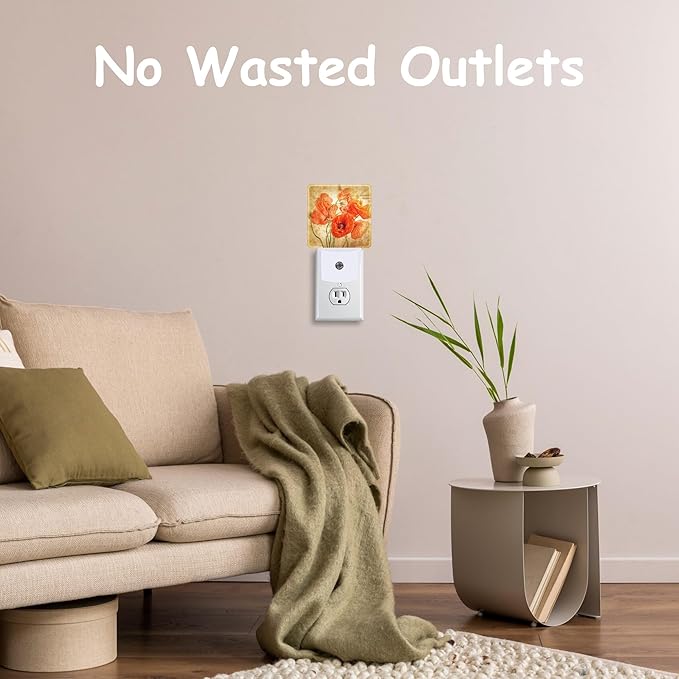 Vintage Orange Flowers Night Light Plug Wall,Poppy Bouquet Oil Painting LED Night Lights with Dusk to Dawn Light Sensor for Women Girls Boys Room Decor,Hallway,Kitchen,Bathroom,Nursery,Stairs