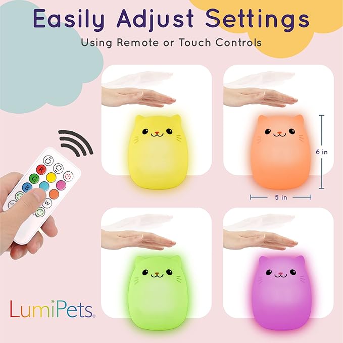 Lumipets Clive The Cat Squishy Silicone Night Light for Kids | Cute Night Light with Remote & Touch Control for Baby & Toddler Bedrooms | Color Changing Portable Animal Nightlight | Kids Mood Lamp