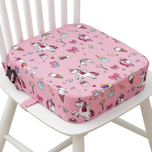 Toddler Booster Seat for Dining Table, Portable Kids Booster Seat with Safety Buckles Portable Increasing Booster Cushion with Non-Slip Bottom (Pink Unicorn)