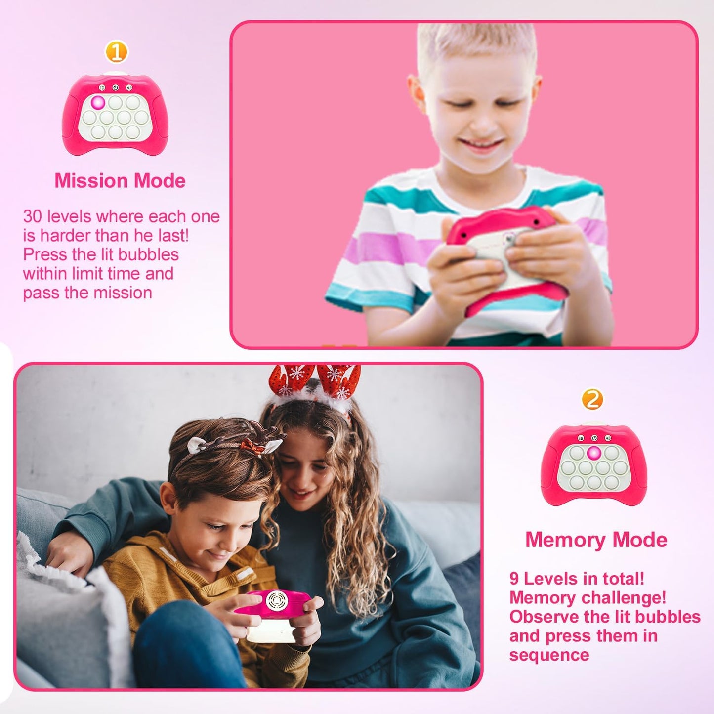 Quick Push Puzzle Game Machine Pop Fidget Light-Up Squeeze Poppet Sensory Toy Educational Push Pop Bubble Toy Stress Relief Party Favors Puzzle Game for Kids Teens Adults （Pink）