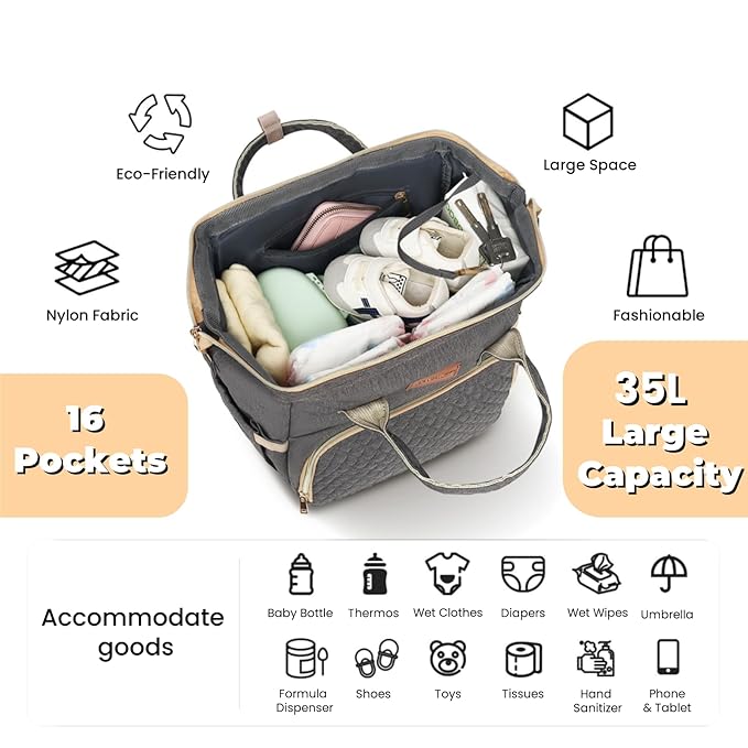 Baby Diaper Bag Backpack with Changing Pad, Pacifier Case, for Boy Girl Toddler - Large, Stylish, Waterproof Travel Quilted Diaper Bag for Mom - Baby Shower Gifts - Grey