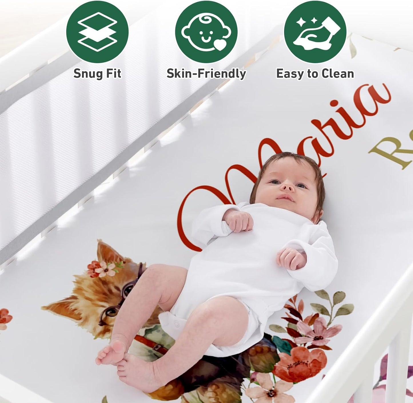 Personalized Baby Crib Bedding Set - Custom Name Cat Theme 3 Pcs Set - Soft Blanket with Double Layer Dotted Backing, Fitted Sheet, Room Rug for Newborns Boys Girls Shower Gift