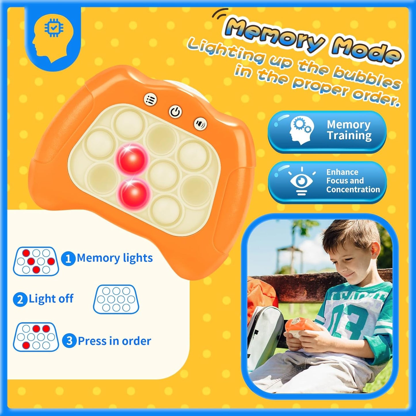 Fast Push Bubble Game, Light-up Pop Game Fidget Toys for Kids and Adults, Electronic Handheld Quick Push Bubble Game, Stress Relief Toys for 6 7 8 9+ Year Old Boys & Girls (Orange)