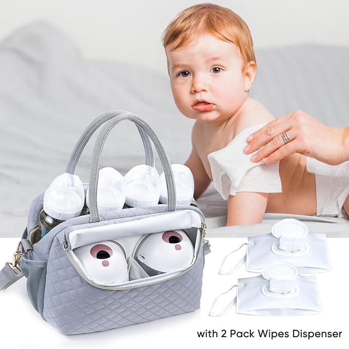 Breastmilk Cooler Travel Bag with 2 Wipes Dispensers & Ice Pack - 6 Bottle Cooler for 9 Oz - Breast Pump & Storage Bag for Daycare