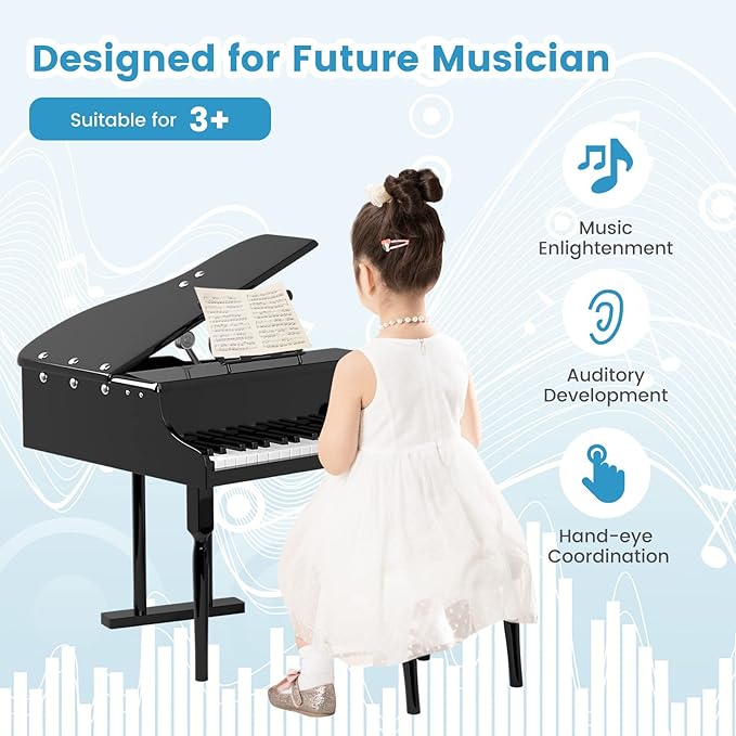Goplus 30-Key Classical Kids Piano, Mini Grand Piano Wooden Learn-to-Play Musical Instrument Toy with Bench, Piano Lid, Music Rack, Gift for Boys Girls Aged 2+ Baby Tollder(3 Straight Leg-Black)