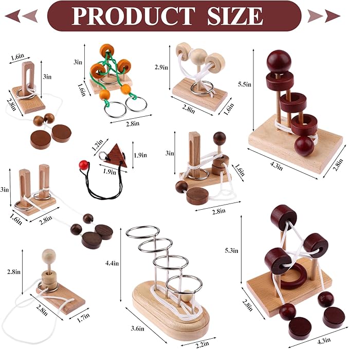 10 PCS Wooden Rope Puzzle Set Brain Teasers Puzzles Mind Toys for Adults Boys Girls Wooden Threading Rope Loop Toy Mind Toys Educational Toy-s for Family Game Educational Challenge Party Favor