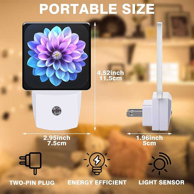 Night Light Purple and Blue Dahlia Flower Night Lights Plug into Wall Smart Dusk to Dawn Sensor 0.5W Energy Efficient Led Lamp for Men Women Bedroom Bathroom Hallway Stairway Decor