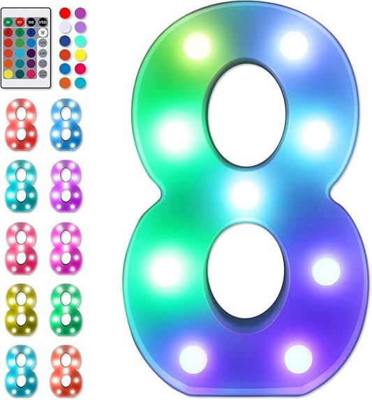 Foaky Colorful LED Number Lights with Remote, Marquee Light Up Number Sign for Night Light Wedding/Birthday Party Battery Powered Christmas Lamp Home Bar Decoration (8)