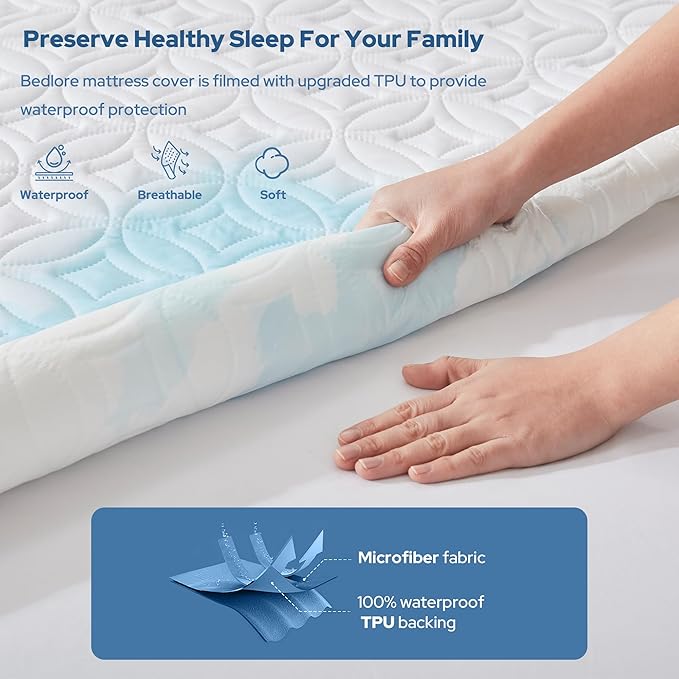 BEDLORE Waterproof Mattress Protector, Full Size Mattress Pad with Deep Pocket 6"-15" Depth, Soft Breathable Double Bed Mattress Cover for Bedroom, College Dorm, Hotel (White)