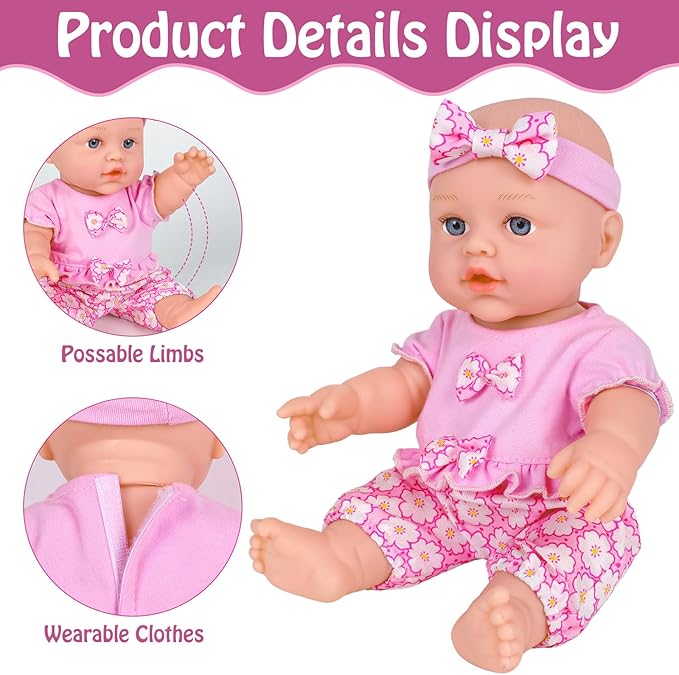 12 Inch Baby Dolls with Backpack Carrier Can Store Doll Clothes and Accessories,12" Reborn Baby Doll Set in Gift Box with Feeding Bottle Nipple Diaper for Kids Toddler Age 3+