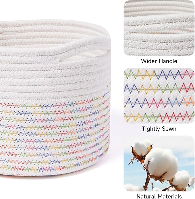Small Basket for Organizing | Cube Shelf Closet Storage Baskets | 9.7×9.7×7.1” | Woven Rope Gift Basket | Nursery | Round 3 Packs Rainbow