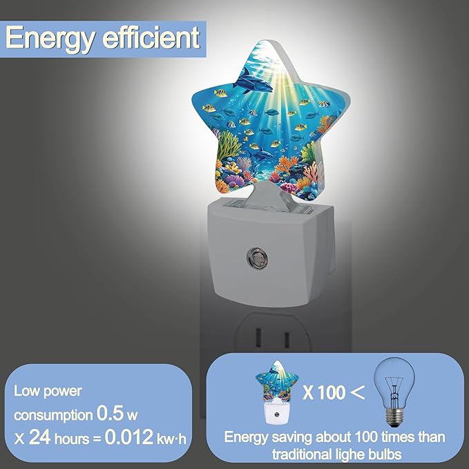 Underwater World Night Light,Sea Ocean Fish Plug-in Star Night Lights with Dusk-to-Dawn Sensor for Bedroom,Bathroom,Living Room Sleep Friendly Lamp for Women Girls Boys Gift,0.5W