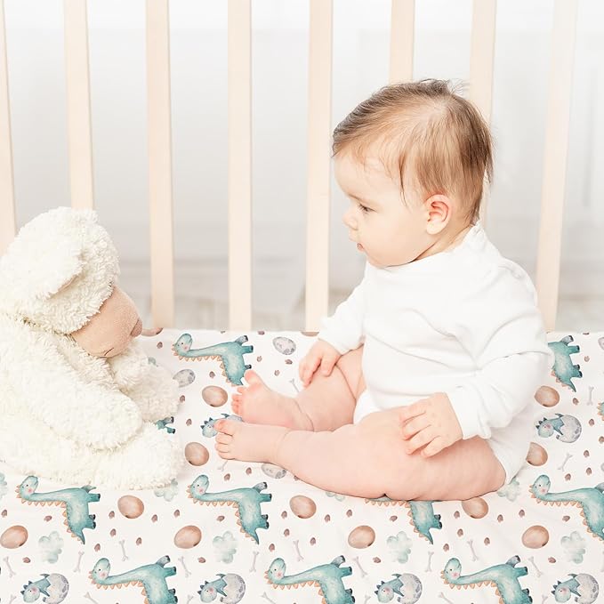 Nap Mat Sheet 47"x24", 3 Pack Dinosaur Baby Crib Sheets Fitted Elastic Corners, Preschool Day Care Rest Mat Cover, Soft Breathable - Compatible with Regalo My Cot, Joovy Travel Cot