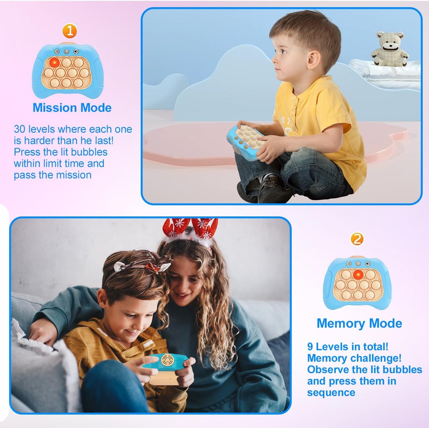 Quick Push Puzzle Game Machine Pop Fidget Light-Up Squeeze Poppet Sensory Toy Educational Push Pop Bubble Toy Stress Relief Party Favors Puzzle Game for Kids Teens Adults (Baby Blue)