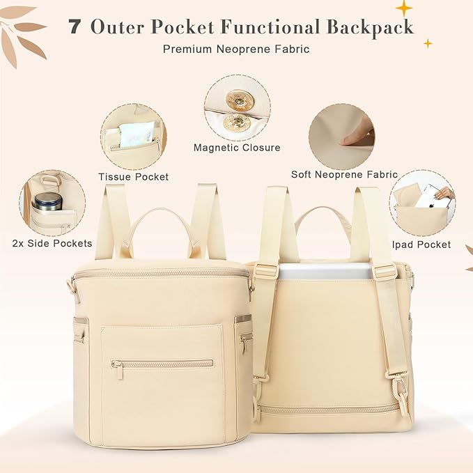 miss fong Neoprene Diaper Bag - Baby Diaper Bag,Large Capacity Neoprene Backpack with Changing Pad Travel Diaper Backpack Tote Backpack with 16 Pockets for Mom & Dad-Beige