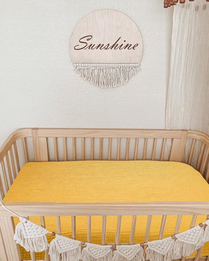 Mini Crib Sheets for Baby, Fitted Pack N Play Mattress and Mini Cribs 24" x 38", Neutral Muslin Cotton Mini Crib Mattress Sheet with Boho Style, Soft and Breathable Comfort (Mustard Yellow)