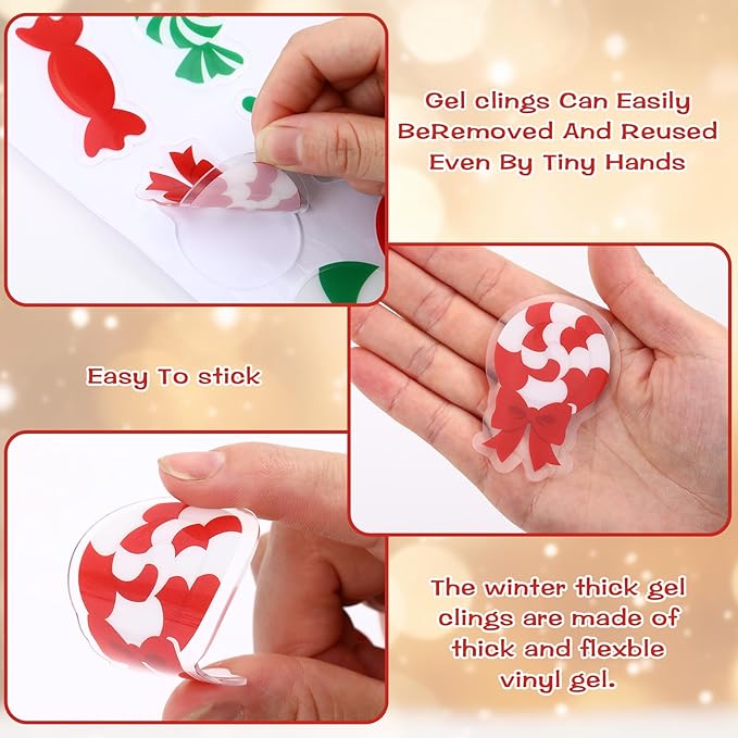 MARFOREVER 50 PCS Candy Cane Gel Window Clings, Reusable Colorful Christmas Candy Thick Gel Clings Decals Stickers for Christmas Gift Xmas Party Supplies Window Glass Decoration Supplies