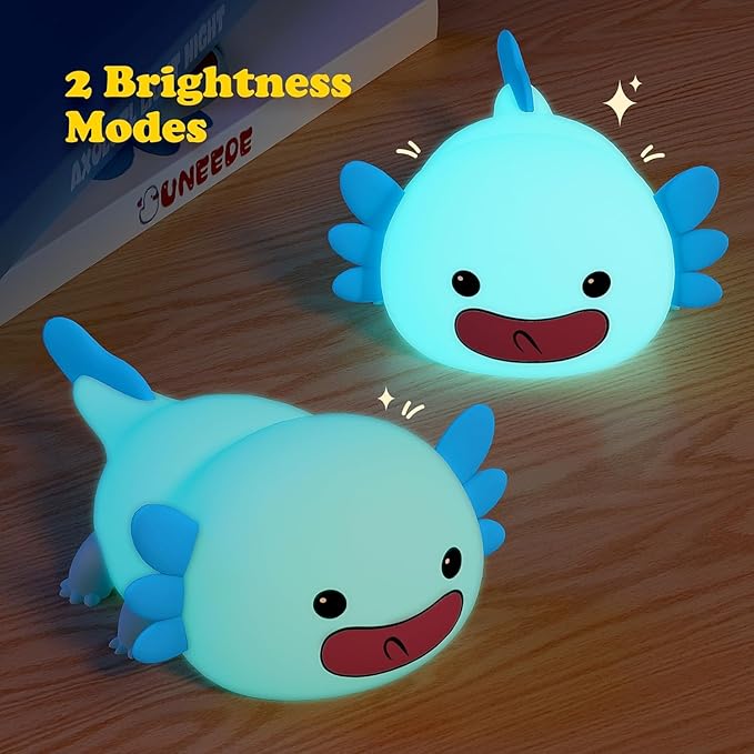 UNEEDE Blue Axolotl Night Light for Kids, Animal Silicone Nursery Night Lamp, Rechargeable Table Lamp, Cute Room Decor Night Light for Bedroom, Living Room, Dining, Desk Decorations, Gift