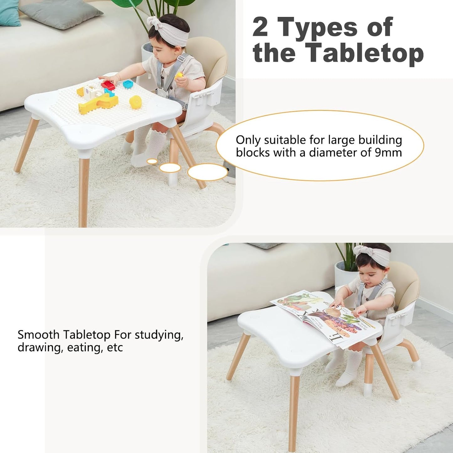 Baby High Chair, 7 in 1 Convertible High Chairs for Babies and Toddlers, Kids Learning Table, Building Block Table, Toddler Dining Chair with 360° Rotating Seat, 5-Point Safety Harness (Khaki)