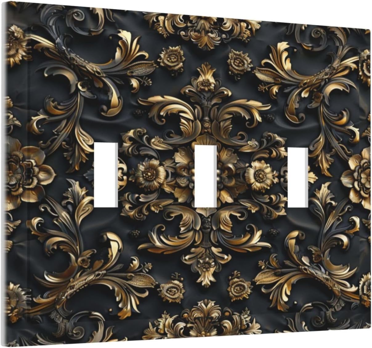 Decorative Switch Covers Plate Rococo Vintage Black Golden Leaf Morris Vine 3 Gang Artistic Wall Plate Unique Triple Toggle Light Switch Plate Jumbo Faceplate for Bedroom Home Decor