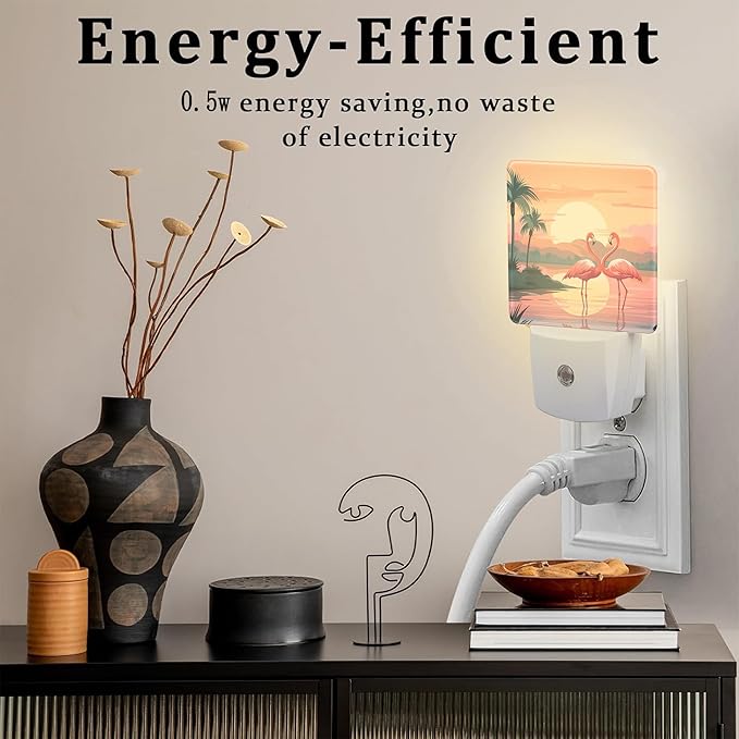 Pink Flamingos at Sunset Night Light for Kids,Summer Beach Tropical Palm Tree Night Light Plug in with Dusk to Dawn Sensor,0.5w Energy Saving Nightlight for Hallway Stairway Kitchen Bedroom