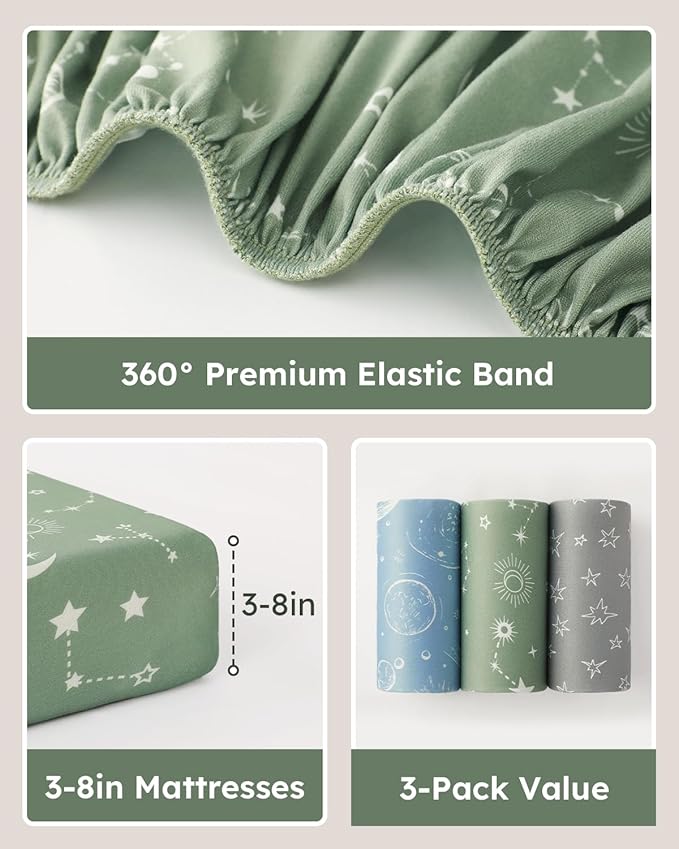 Baby Crib Sheets for Boys Girls, 28x52x8in Fitted Crib Sheet Neutral 3 Pack for Standard Crib and Toddler Mattress, Breathable Soft Microfiber Baby Sheet Green Gray Constellation