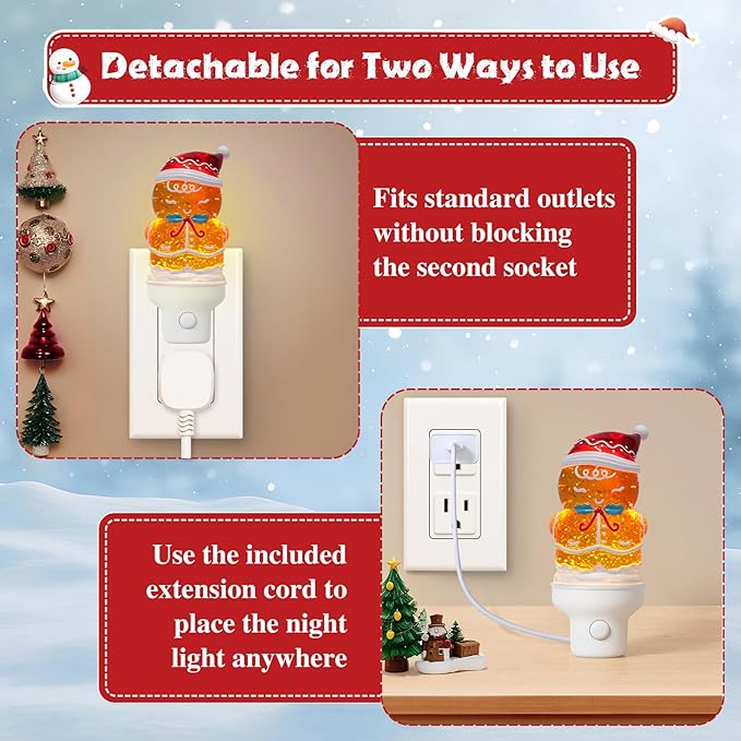 2 Pack Christmas Night Light Plug into Wall Glitter Water Nightlight with USB/Outlet Options, Christmas Gingerbread Decorative Nightlight for Bedroom Kitchen Holiday Decorations Gifts (Gingerbread)
